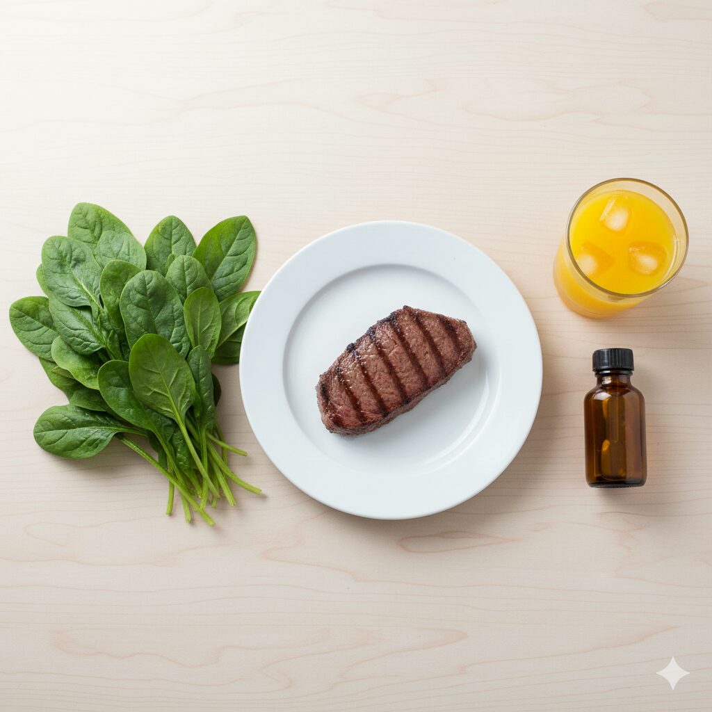 image 2 - A balanced display of red meat, leafy greens, and iron supplement pills.