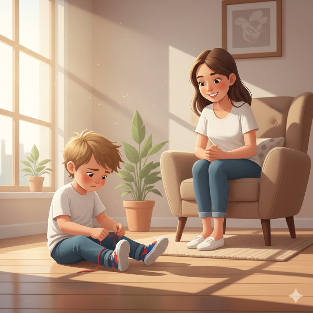 image 2 - A parent smiling and watching as a child tries to tie their own shoelaces