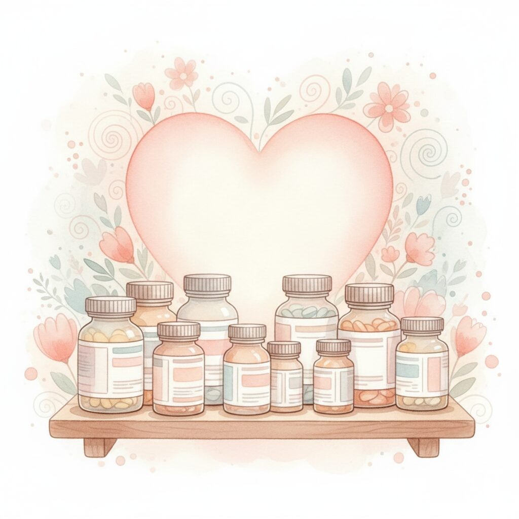 image 4 - A warm illustration of various supplement bottles with a background suggesting 'A healthy mom makes a happy baby.'