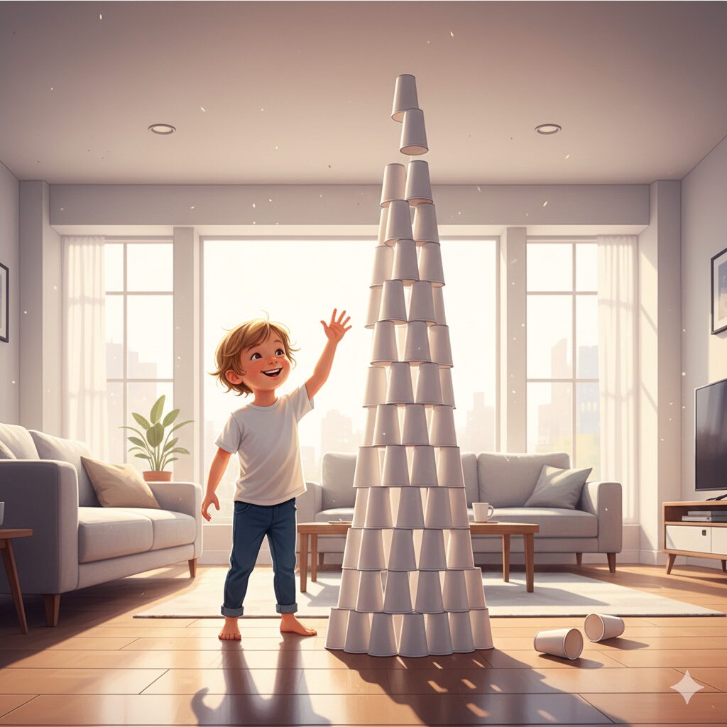 image 4 - A child happily building a very tall paper cup tower in the living room, just before knocking it down