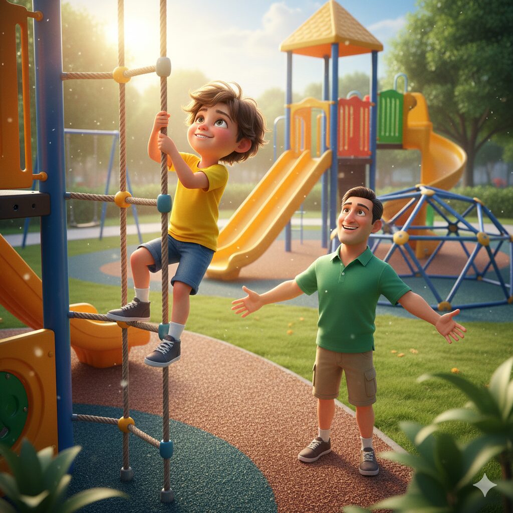 image 3 - A parent cheering from a reasonable distance as a child tries to climb high at a playground