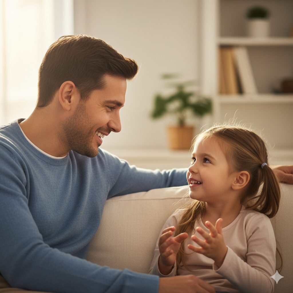 image 4 - A parent and child sitting together, making eye contact and laughing while talking