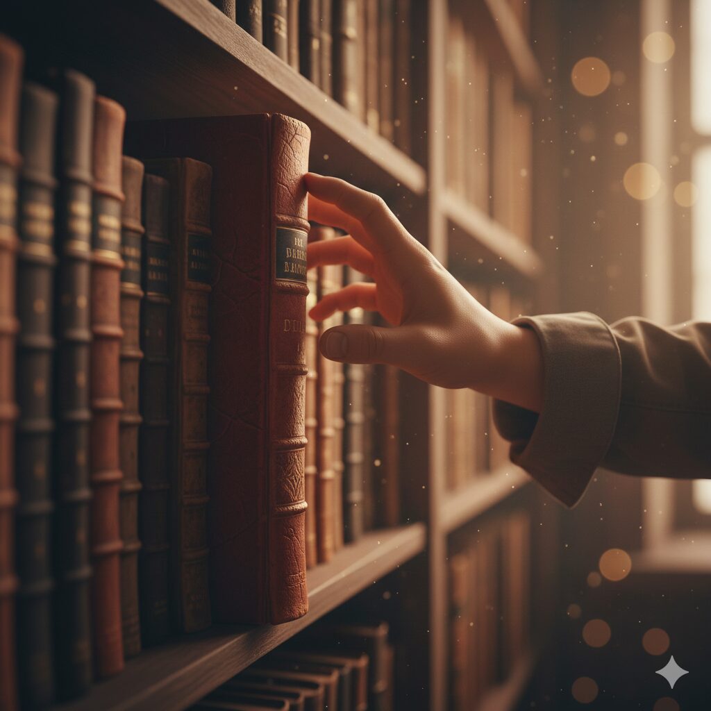 image 2 - A close-up of a person carefully choosing a book in an old bookstore, touching the cover rather than reading the title