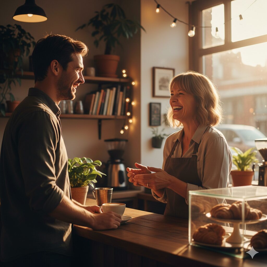 image 3 - A warm scene in a small neighborhood bookstore/cafe where the owner and a customer are laughing and conversing