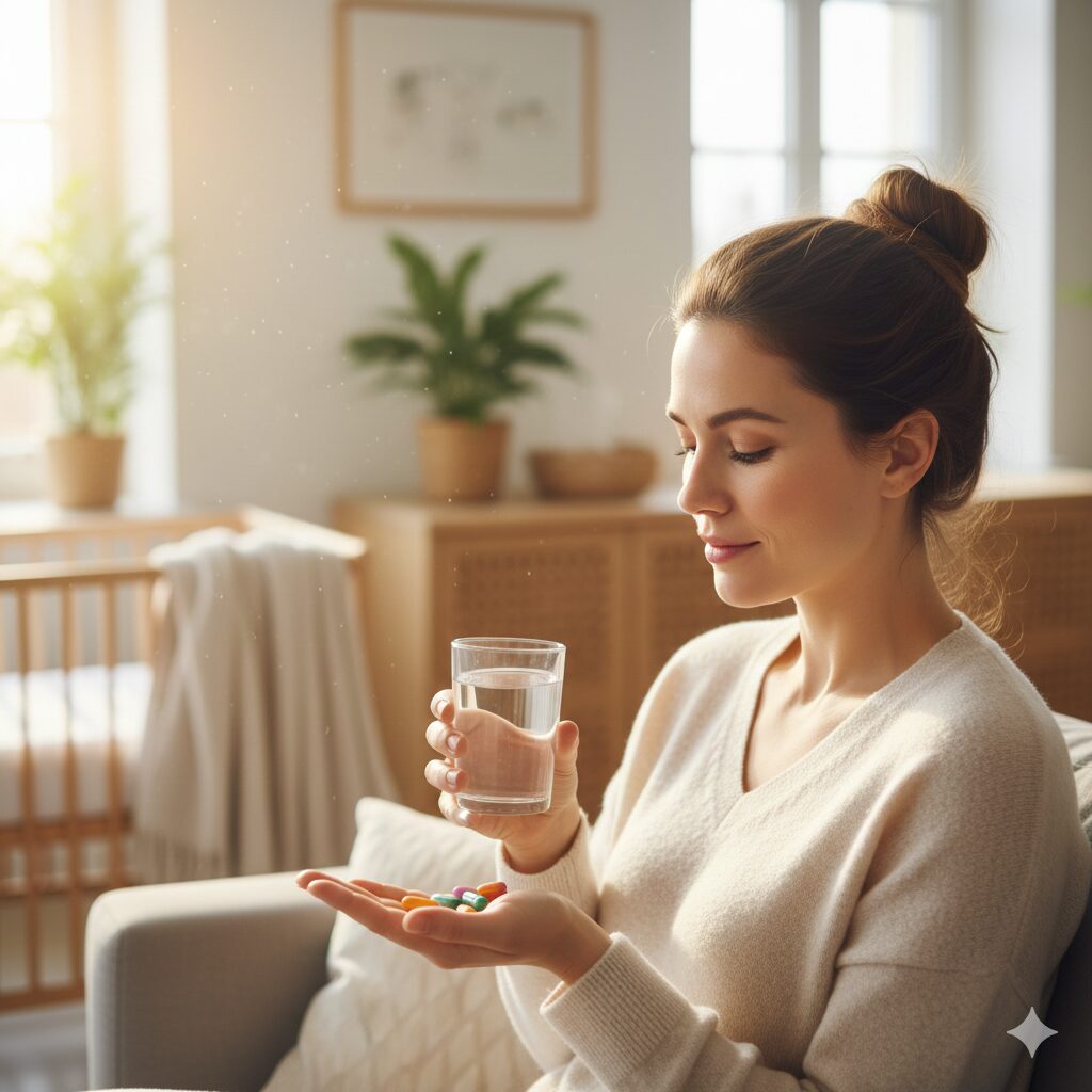 image 1 - A mother in a sunlit living room preparing a glass of water and supplements with a peaceful expression.