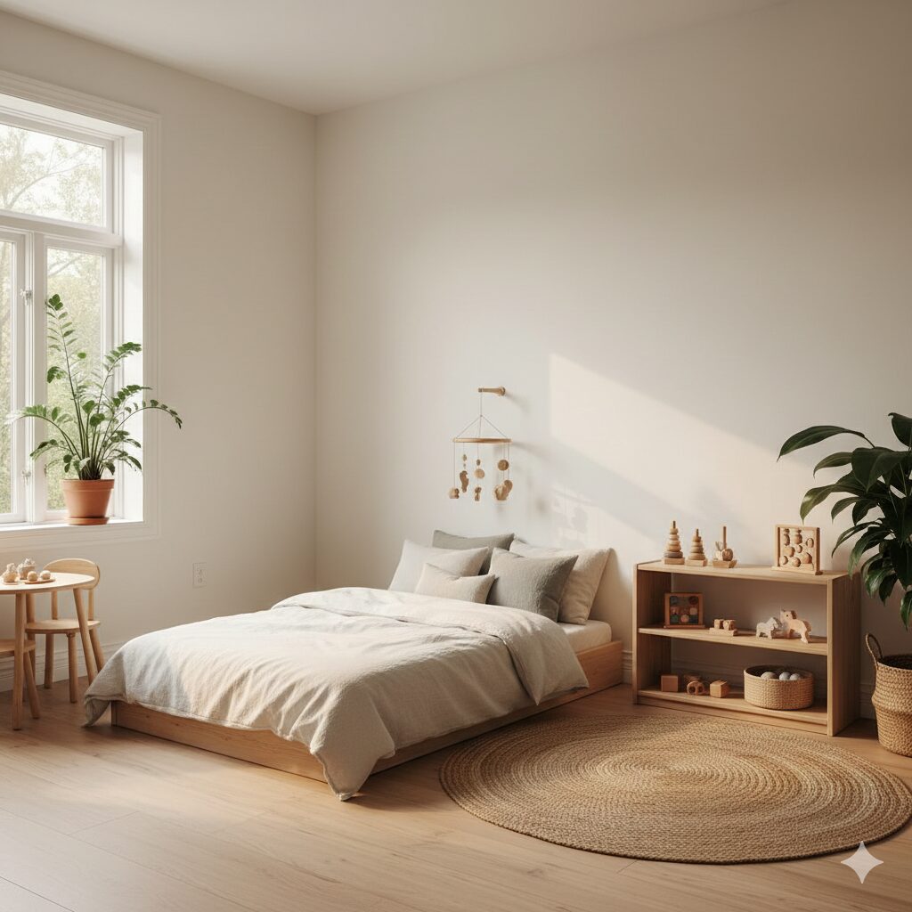 image 1 - A cozy, sunlit child's room with minimalist, low-profile furniture.