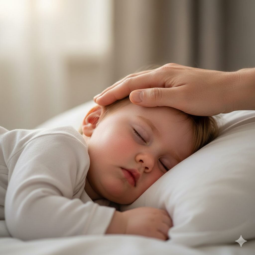 image 3 - A parent checking the child's temperature by placing a hand on their forehead