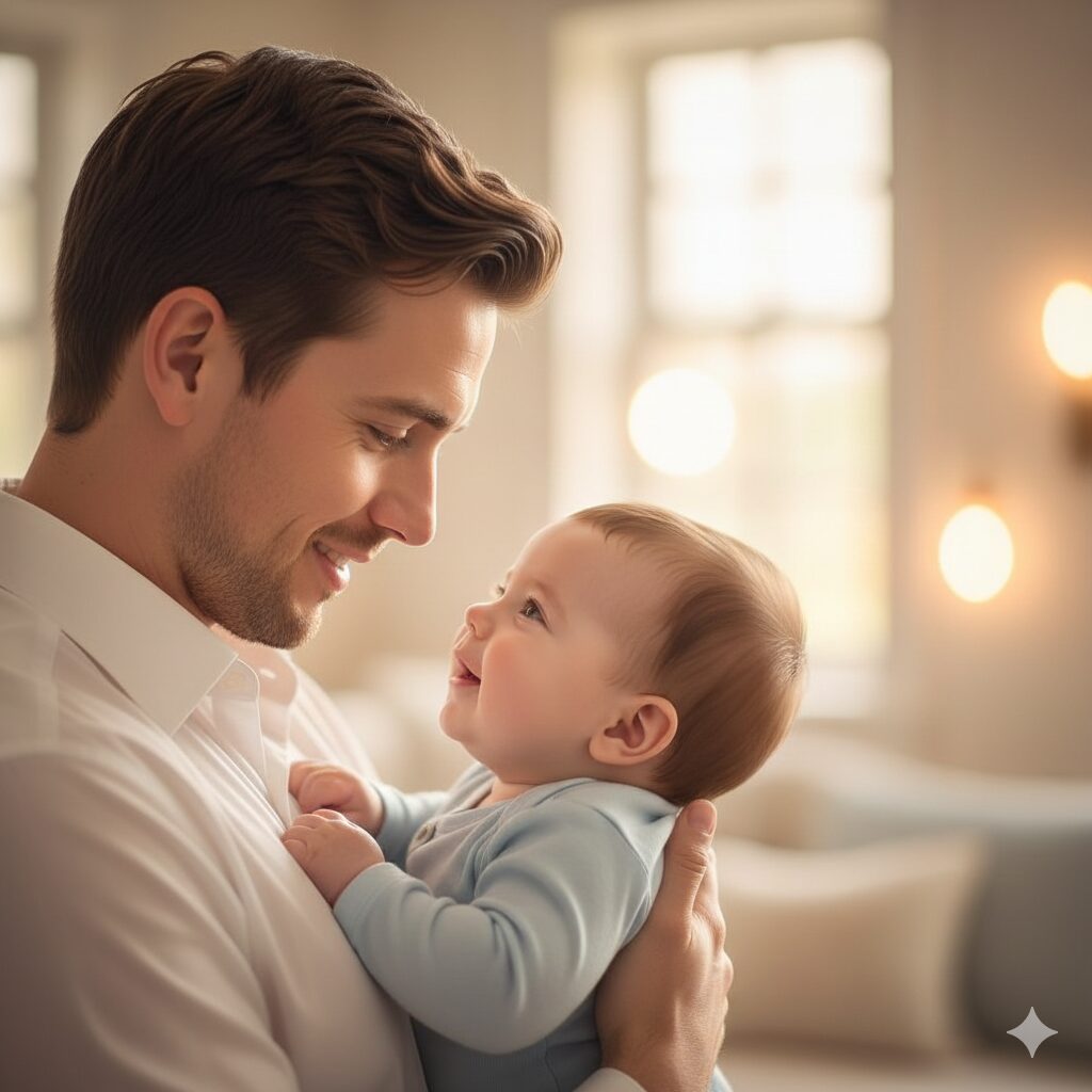 image 4 - A parent warmly embracing their baby, both smiling brightly, symbolizing a loving and peaceful bond.