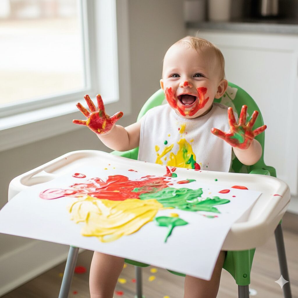 image 3 - A baby happily sitting in a highchair, covered in yogurt paint, actively finger painting on a large piece of paper.