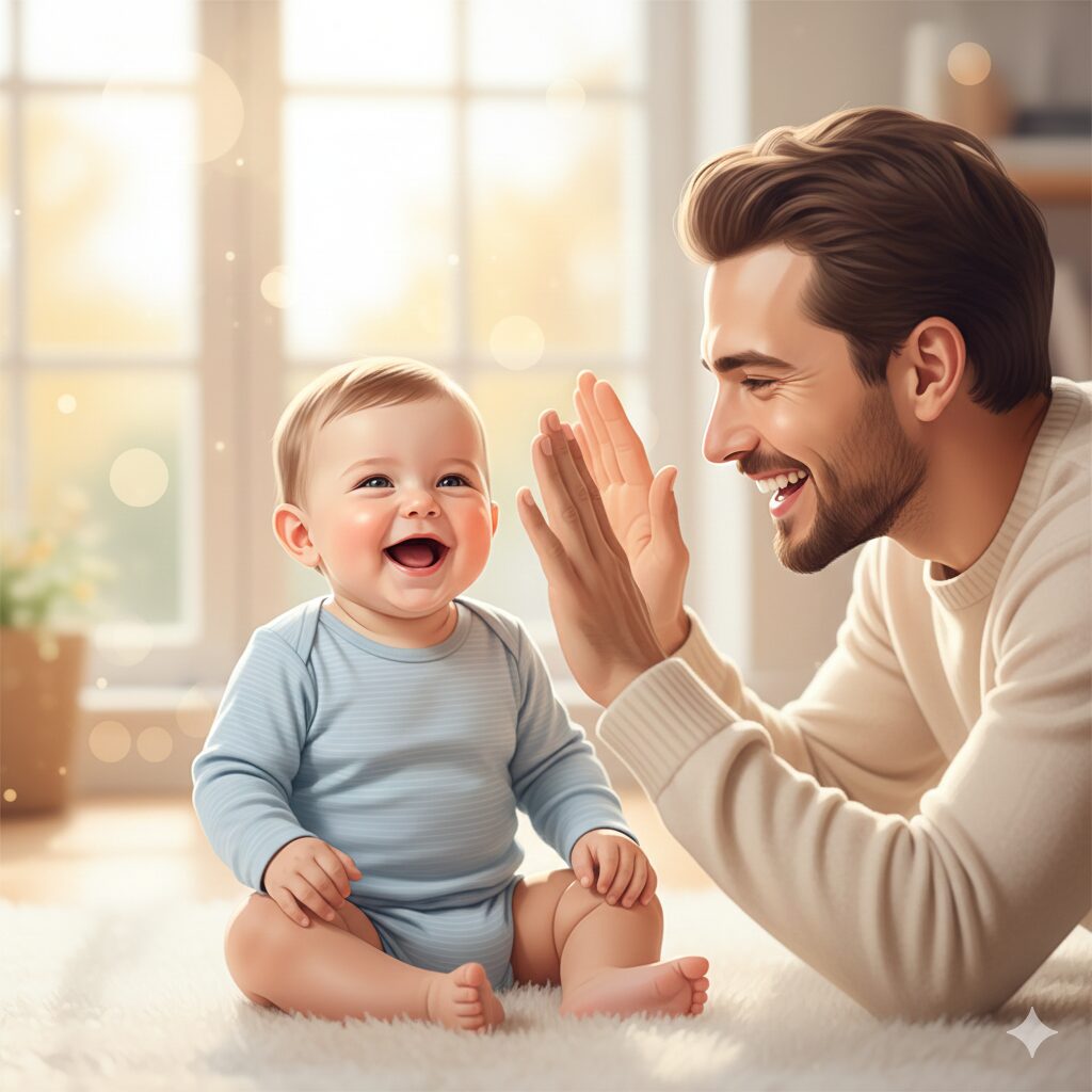 image 2 - A parent covers their face with their hands and then says 'Peek-a-boo,' making the baby laugh joyfully.