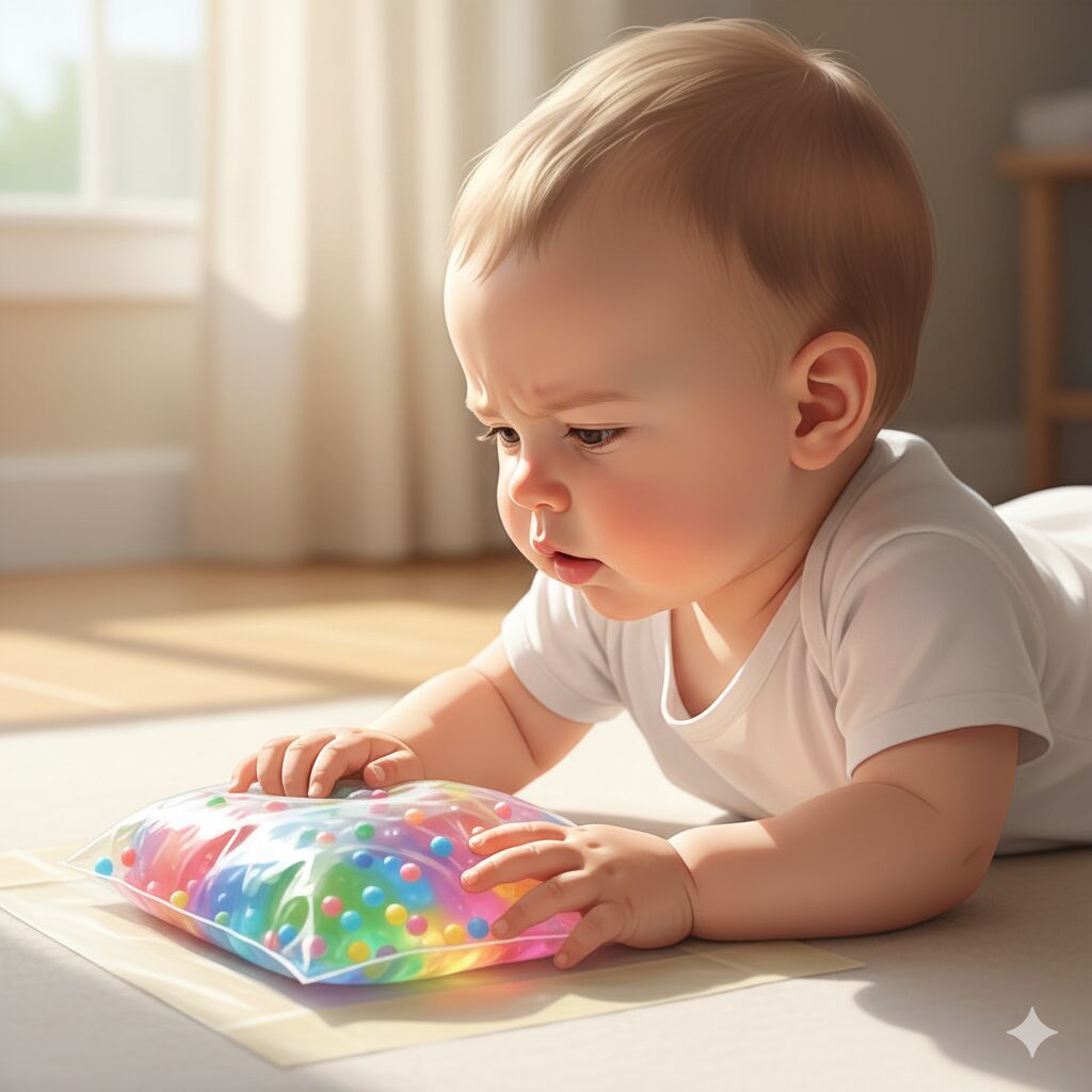 image 1 - A baby on their tummy is curiously poking a brightly colored sensory bag secured to the floor.