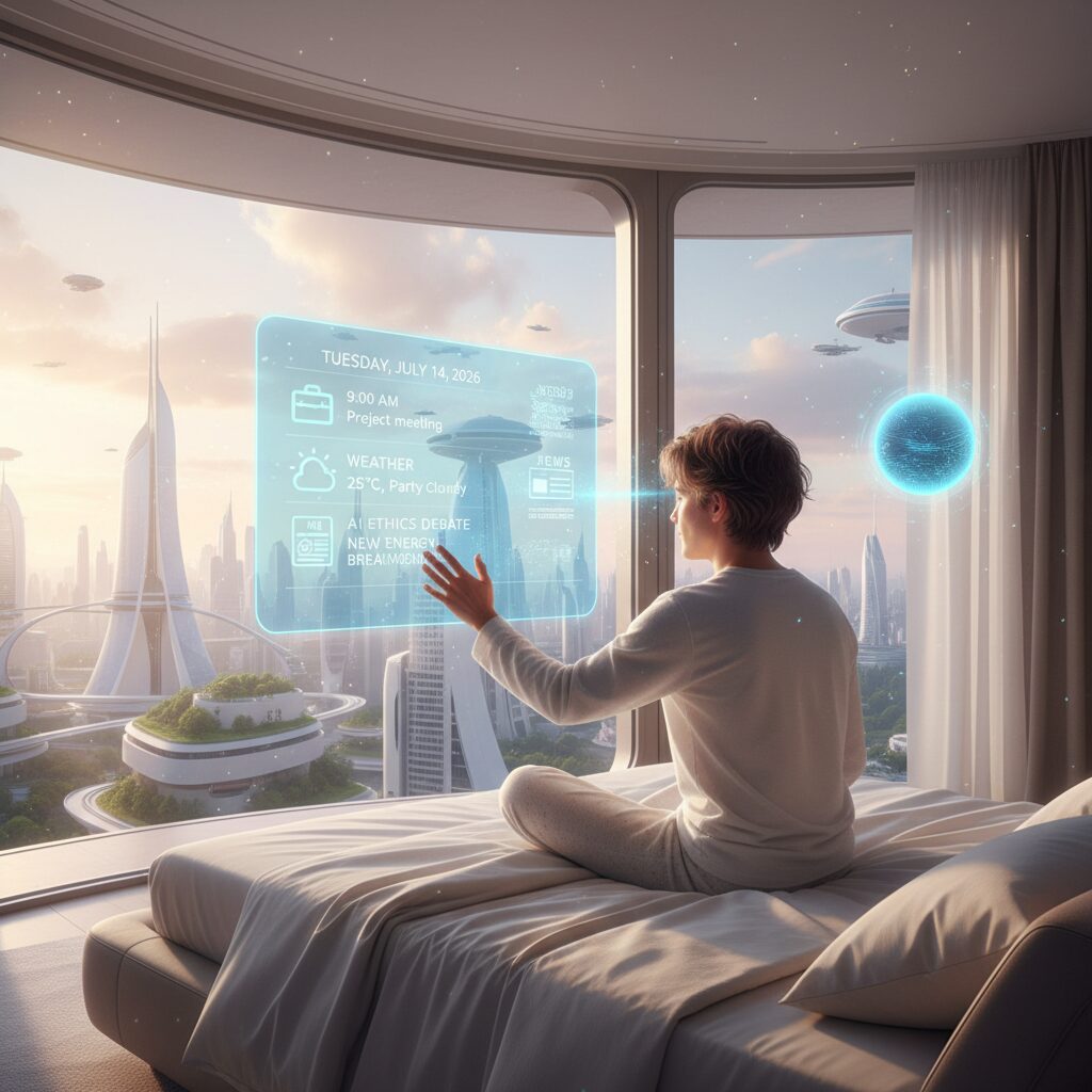 image 1 - 'A peaceful morning scene in 2026 where a person is waking up while their AI Agent manages the daily schedule and tasks on a holographic screen'
