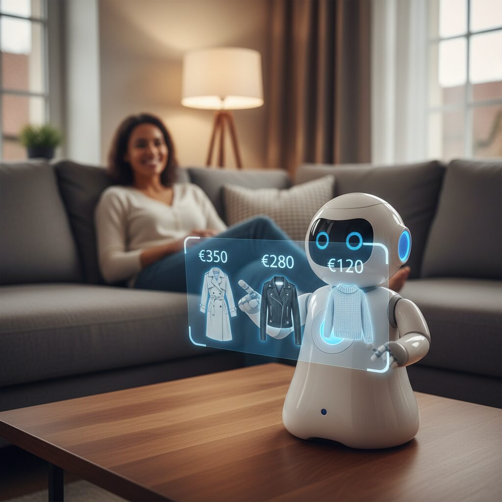 image 2 - 'A friendly robot assistant character comparing multiple shopping options and price tags to find the best deal for its human owner'