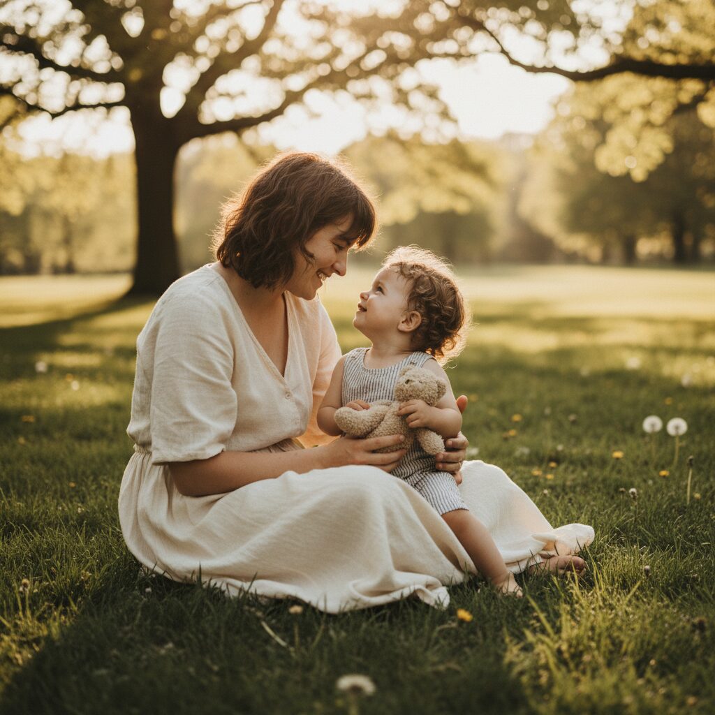 image 1 - A peaceful scene of a mother and child smiling at each other under warm sunlight