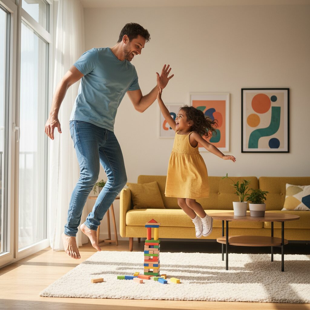 Image 2 - A parent and child sharing a high-five in a sunlit living room, celebrating a small successful task.