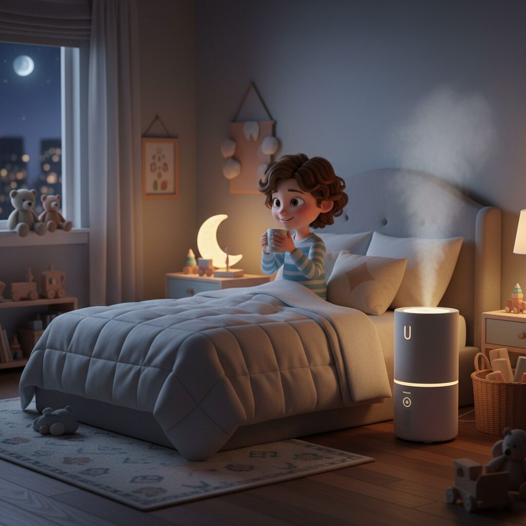 image 3 - A cozy bedroom setting with a humidifier running and a child sipping warm fluids.