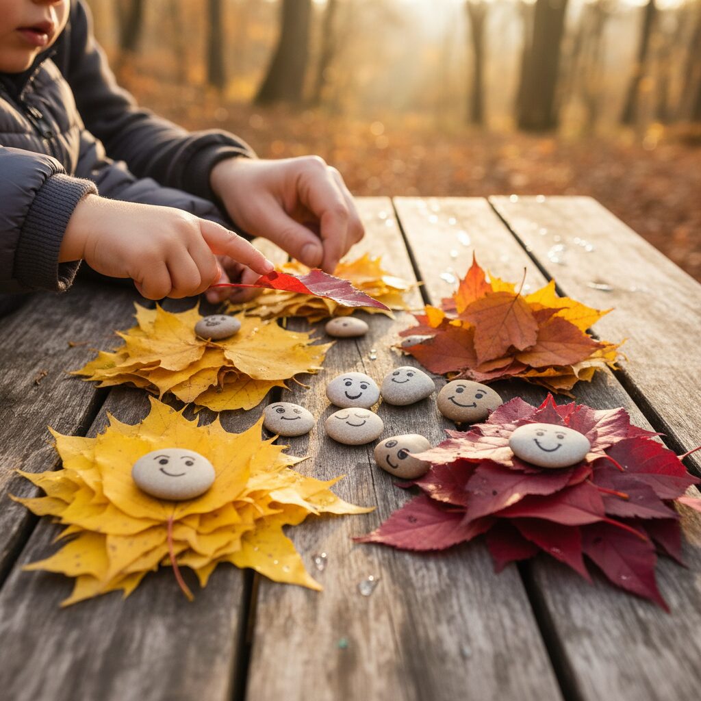 Image 2 - Hands of a child and parent arranging colorful autumn leaves and painted stones on a wooden table.
