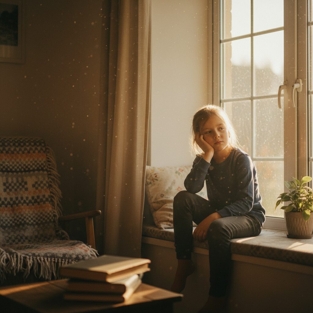 Image 1 - A child sitting quietly by a window, looking thoughtful and calm in a sunlit room.