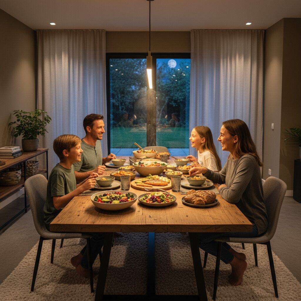 image 5 - A warm scene of a family sitting around a dinner table, talking and enjoying a healthy meal together
