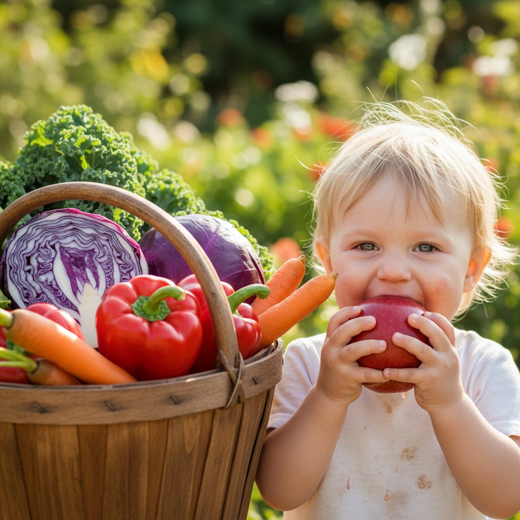 image 4 - A basket full of colorful vegetables and a child happily biting into a fresh apple