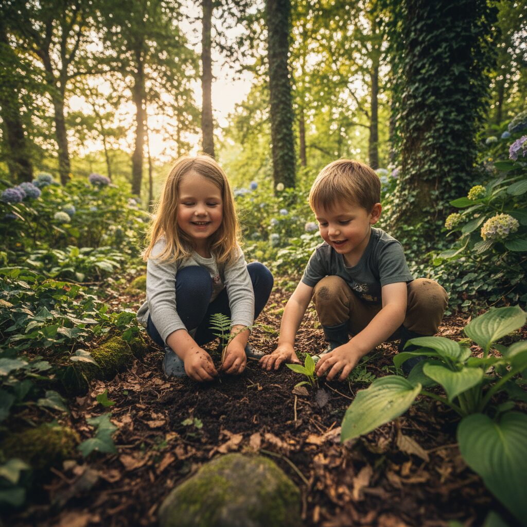 image 3 - Happy children playing with soil and plants in an outdoor forest playground