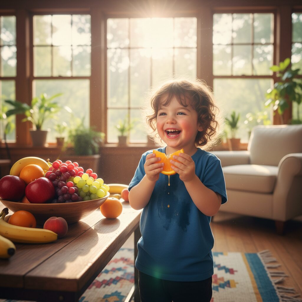 image 5 - A healthy child laughing in a sunlit room while eating fresh fruit.