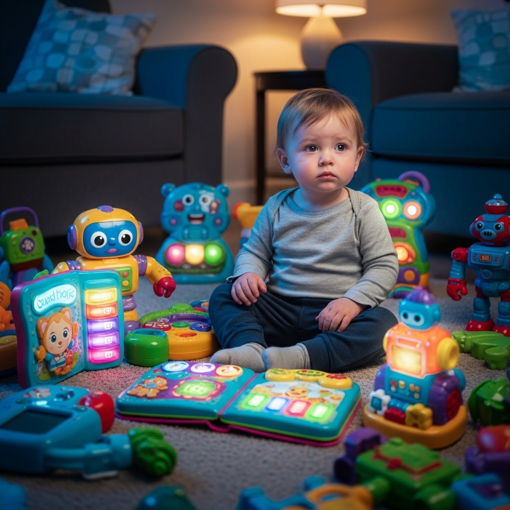 Image 1 - A cluttered living room filled with glowing electronic toys, with a young child looking overwhelmed and silent in the center.