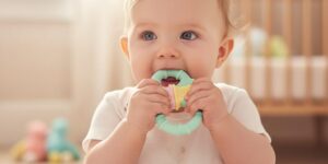 A close-up, joyful photo of an infant (3-5 months old) lying down or propped up, focusing intently on sucking their own hand or fingers. The baby should look comfortable and secure. Use a bright, clean background.