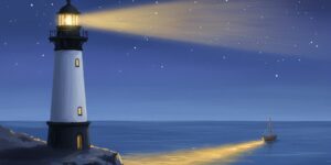image 1 - A lighthouse glowing warmly in the night sea, guiding a ship through the waves