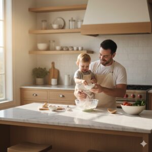 image 3 - A warm, sunlit kitchen scene where a parent and a young child, both wearing aprons, are playfully preparing a meal together, showing a sense of connection and joy.