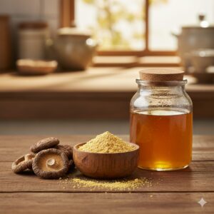 image 2 - A close-up, artistic shot of various natural ingredients like soybean powder, dried mushrooms, and plum syrup in small ceramic bowls on a wooden kitchen counter.