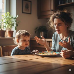 image 1 - A child sitting at a dining table, looking away from a plate of food with a stubborn expression, while a concerned parent looks on.