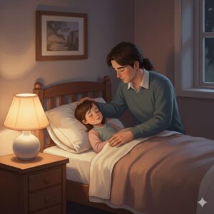image 1 - A parent gently comforting a sick child in a warm, dimly lit cozy room
