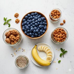 image 2 - A bright kitchen counter filled with colorful ingredients like fresh blueberries, various nuts, seeds, and vibrant vegetables.