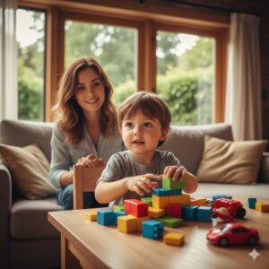 image 1 - A child struggling to focus on a book in a living room, playing with toys instead, while a parent looks on with a concerned but loving expression.