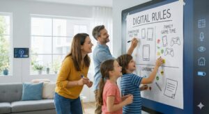 image 2 - A family creating a colorful 'Digital House Rules' chart together, using stickers and drawings to represent screen-free zones and times.