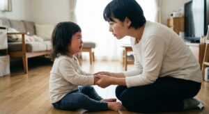 image 1 - A parent crouching down to a child's eye level, holding their hands gently but with a serious, focused expression during a conversation.