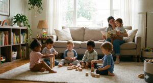 Image 1 - 'A group of diverse children playing together in a bright, cozy communal space while one parent reads a book to them, illustrating a peaceful community childcare setting.'