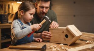 image 3 - A father and daughter working together to build a small wooden birdhouse using a real hammer and nails
