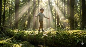 image 1 - A young child laughing while balancing on a fallen log in a sun-drenched forest