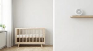 image 2 - A white noise machine placed safely on a high shelf away from the baby's sleeping area.