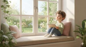 image 3 - A child's bedroom with a simple, clear visual schedule on the wall, and the child proudly checking off a task like 'making the bed'.