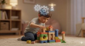 image 1 - A colorful illustration of a child’s head with a miniature air traffic control tower inside, showing small planes labeled 'Focus', 'Memory', and 'Control' being guided safely.