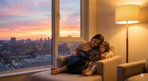 image 3 - A peaceful evening scene where a parent is sitting on a sofa with a cup of tea, looking relaxed after the children have gone to bed.