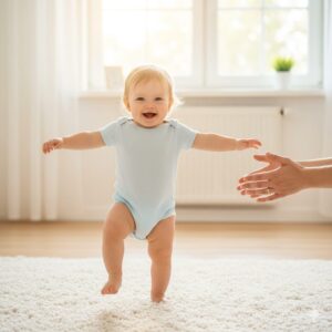 Image 3 - A happy baby taking a wobbly step toward a parent who is waiting with open arms