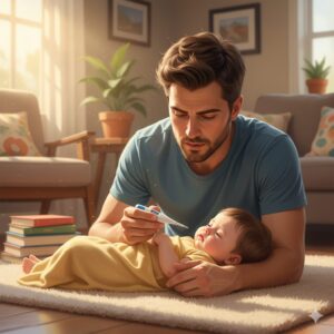 image 1 - A worried parent holding a sleeping baby while checking their temperature, with soft morning light coming through a window.