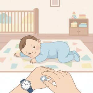 image 2 - An illustration showing a child in the side-lying recovery position on a soft rug, with a parent calmly checking a wristwatch to track the duration.