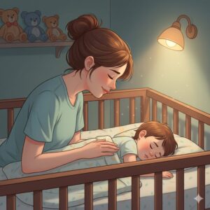 image 4 - A peaceful scene of a child sleeping soundly after being checked by a doctor, with a parent sitting nearby, finally feeling a sense of relief and peace.