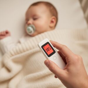image 1 - A worried parent holding a digital thermometer, looking at their sleeping baby with concern.