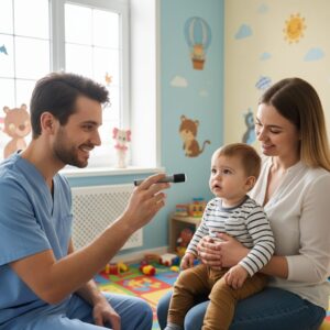 image 2 - A pediatric eye exam showing a specialist checking the alignment of a child's eyes.